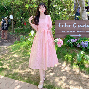 RM13688#大码女装夏小众设计高级感法式方领泡泡袖气质收腰系带a字连衣裙