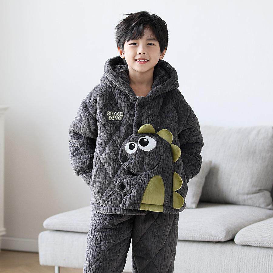 儿童睡衣冬款男童冬季加绒加厚三层夹棉宝宝家居服珊瑚绒法兰绒