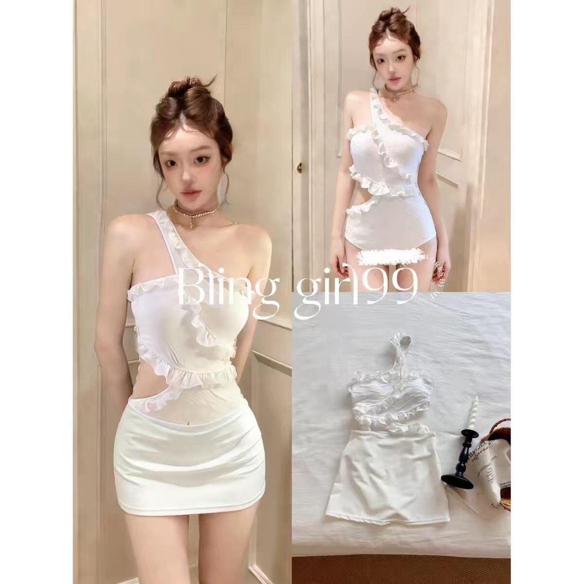 白色超仙2026新款荷叶边斜肩连体露背高级感遮肚显瘦度假风泳衣女