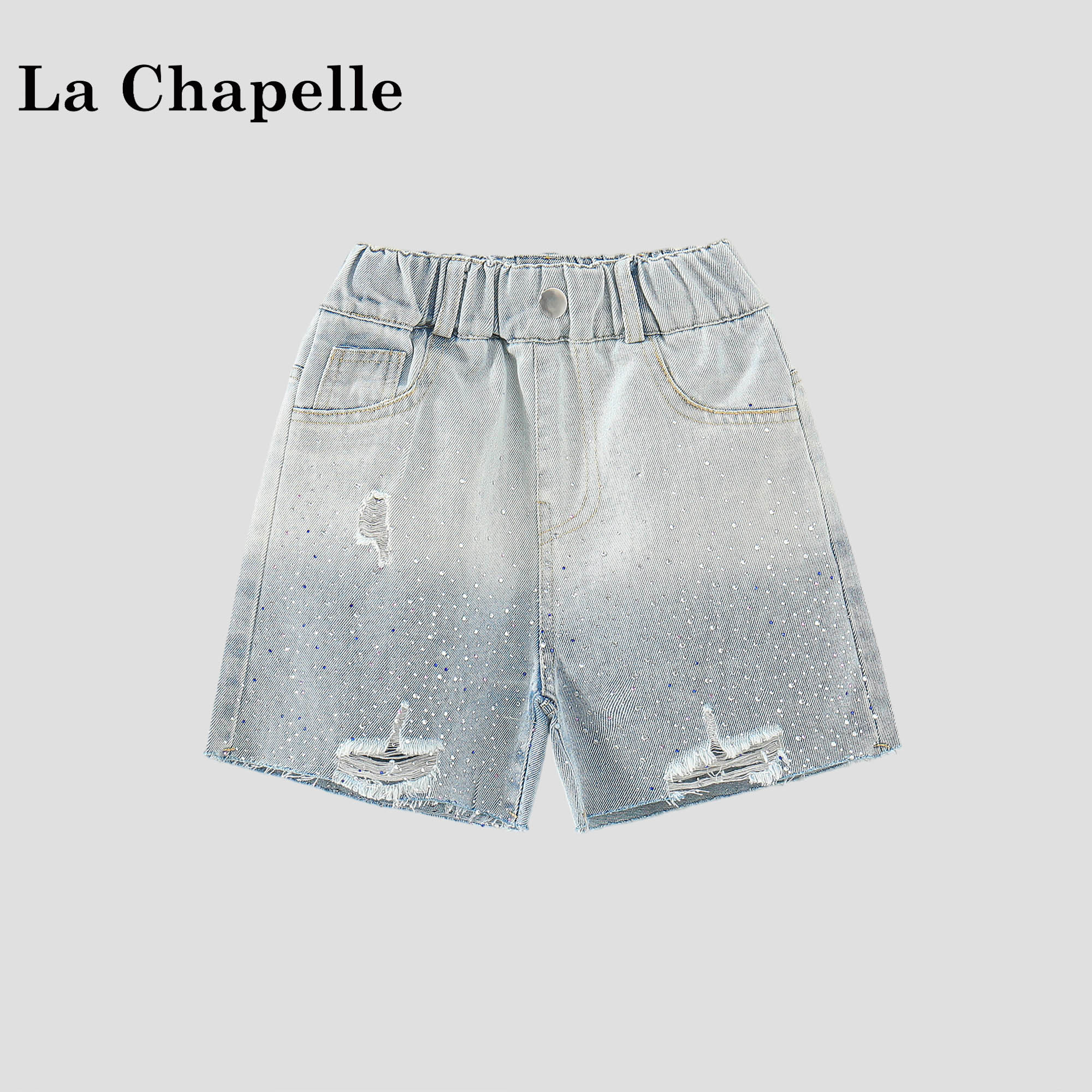 拉夏贝尔小女孩夏季裤子儿童时尚破洞牛仔裤女童烫钻渐变牛仔短裤