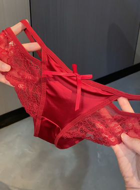 蛇年魅惑红~缎面蕾丝红色内裤本命年喜庆性感低腰纯欲网纱三角裤