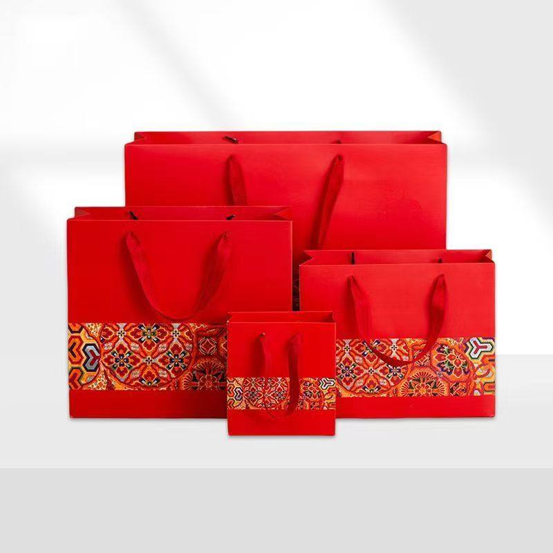 红色中国风印花手提纸袋喜事结婚庆典送礼品烟茶酒首饰袋春节过年