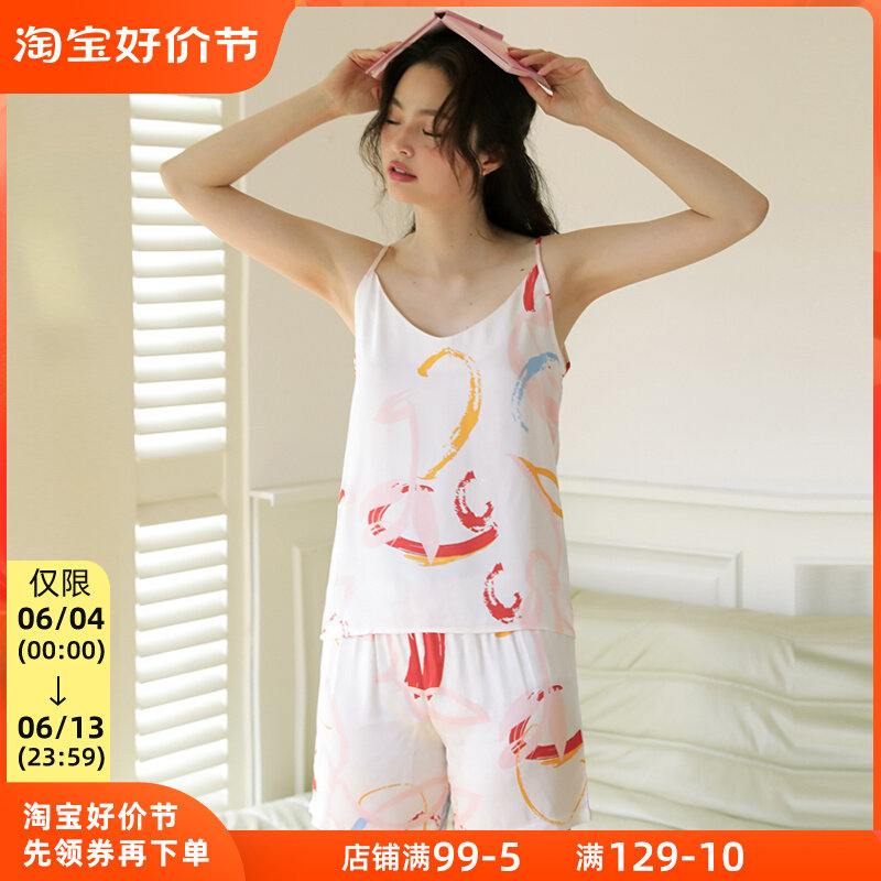 睡衣女夏季纯棉薄款印花睡裙宽松休闲吊带背心短裤家居服套装外穿