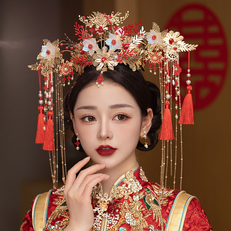 红色秀禾头饰中式新娘婚礼饰品新款古装汉服配饰结婚步摇饰品套装