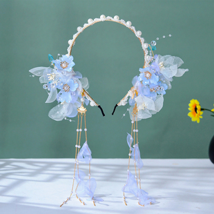 汉服超仙古风花朵流苏头箍少女古装 森系绢纱发饰表演头饰古风发箍