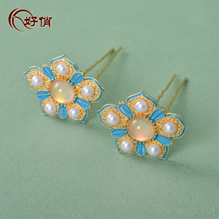 新中式风汉服头饰发簪配饰仿金烧蓝花朵对簪古风发饰古装拍照饰品