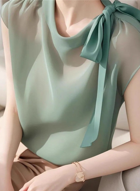 法式绿色雪纺衬衫女士短袖夏季新款遮肚子显瘦上衣别致蝴蝶结小衫