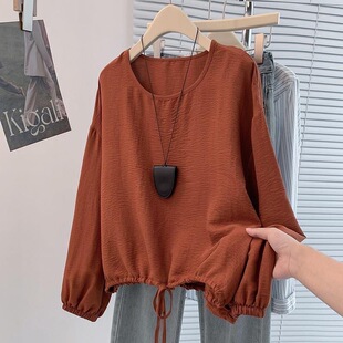 特大码 女胖mm宽松显瘦纯色慵懒上衣 300斤设计感抽绳收腰长T恤衫