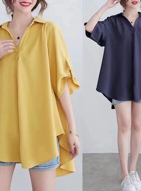 雪纺衬衫女夏季200斤胖mm韩版大码宽松遮肚子显瘦收腰气质a字衬衣