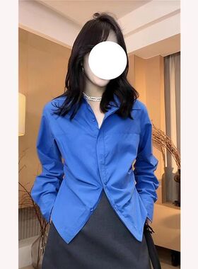 克莱因蓝色衬衫女早春通勤穿搭设计感小众修身收腰上衣长袖衬衣