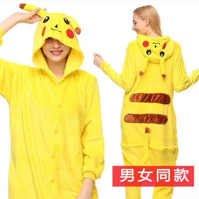 皮卡丘睡衣可爱男女生秋冬珊瑚绒卡通连体家居服情侣网红表演服萌