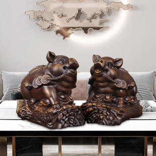 饰 十二生肖招财猪摆件一对摆设家居客厅玄关酒架创意实木雕福猪装