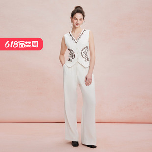 斯尔丽2026新款复古绣花无袖马甲搭阔腿裤轻职场套装