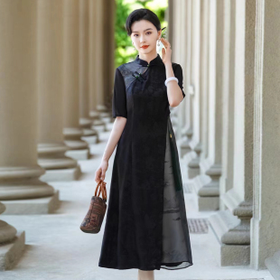 薄透朦胧水墨画收腰散摆显高连衣裙 新款 斯尔丽24新款 改良旗袍夏季