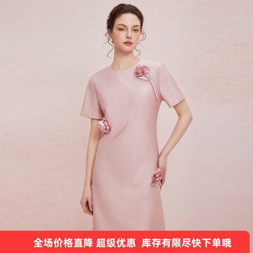 斯尔丽2025夏季新款立体盘花直身显瘦圆领宴会小礼服连衣裙