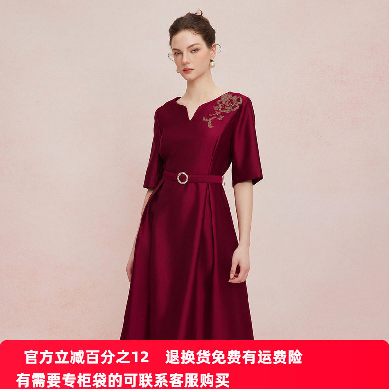 斯尔丽25新款优雅丝毛小礼服收腰配色腰带进口烫钻工艺宴会连衣裙