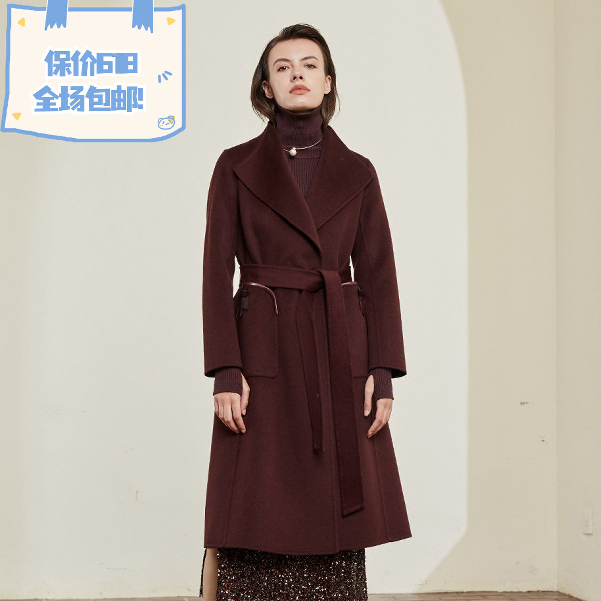 斯尔丽瑟俪冬季新品翻领口袋修身女士中长款毛呢大衣