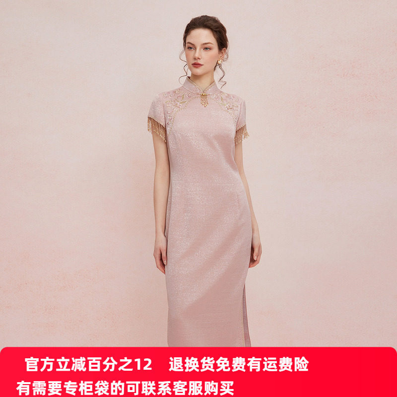 斯尔丽25新款提花精致绣花改良旗袍领口袖口流苏钉珠礼服连衣裙