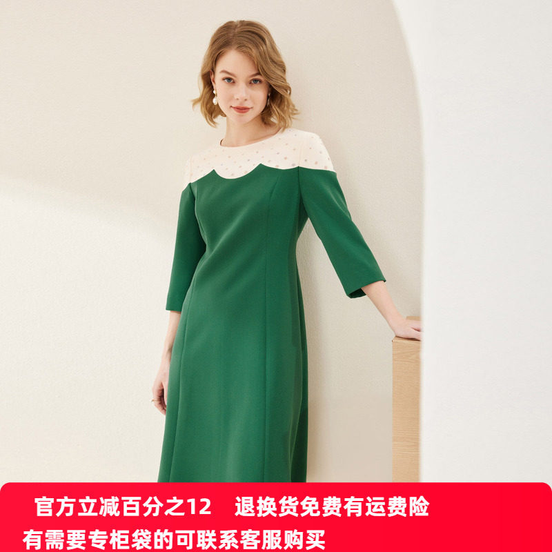 斯尔丽瑟俪商场同款2022年秋上新时尚通勤撞色拼接圆领礼服连衣裙