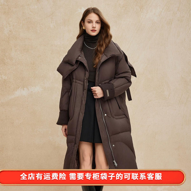 斯尔丽2024年冬季新款高充绒带帽立领简约廓形长款通勤鸭绒羽绒服
