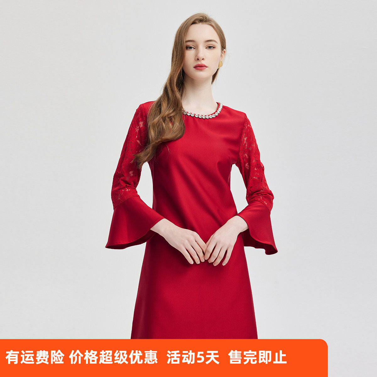 斯尔丽24新款蕾丝拼接款喇叭袖法式浪漫镶嵌珠钻轻奢小礼服连衣裙