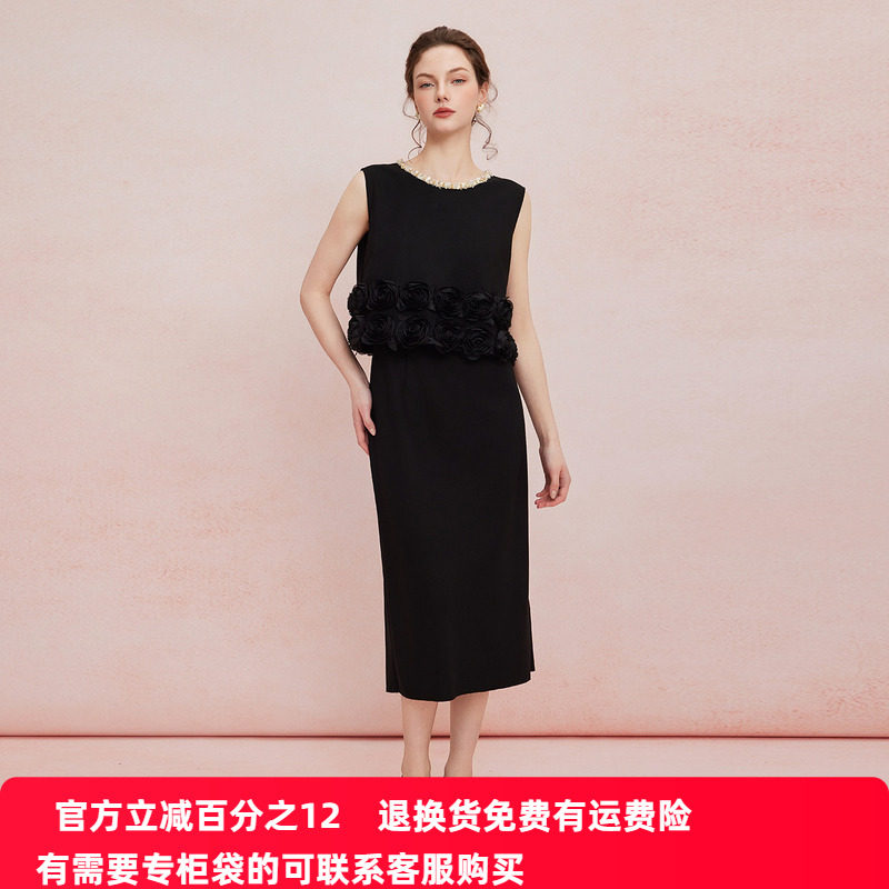 斯尔丽2025夏季新款礼服无袖箱型设计立体盘花气质高雅连衣裙