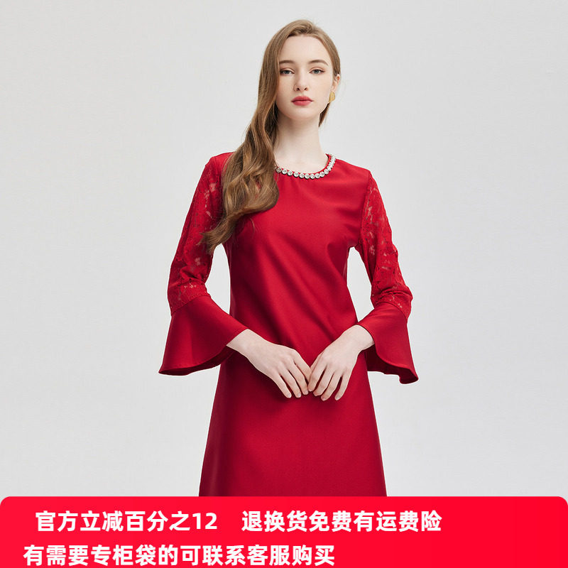 斯尔丽24新款蕾丝拼接款喇叭袖法式浪漫镶嵌珠钻轻奢小礼服连衣裙