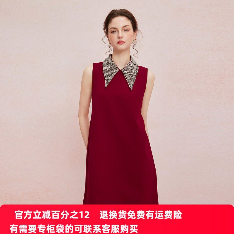 斯尔丽2025新款宴会小礼服直身款显瘦显高精致钉珠领无袖连衣裙