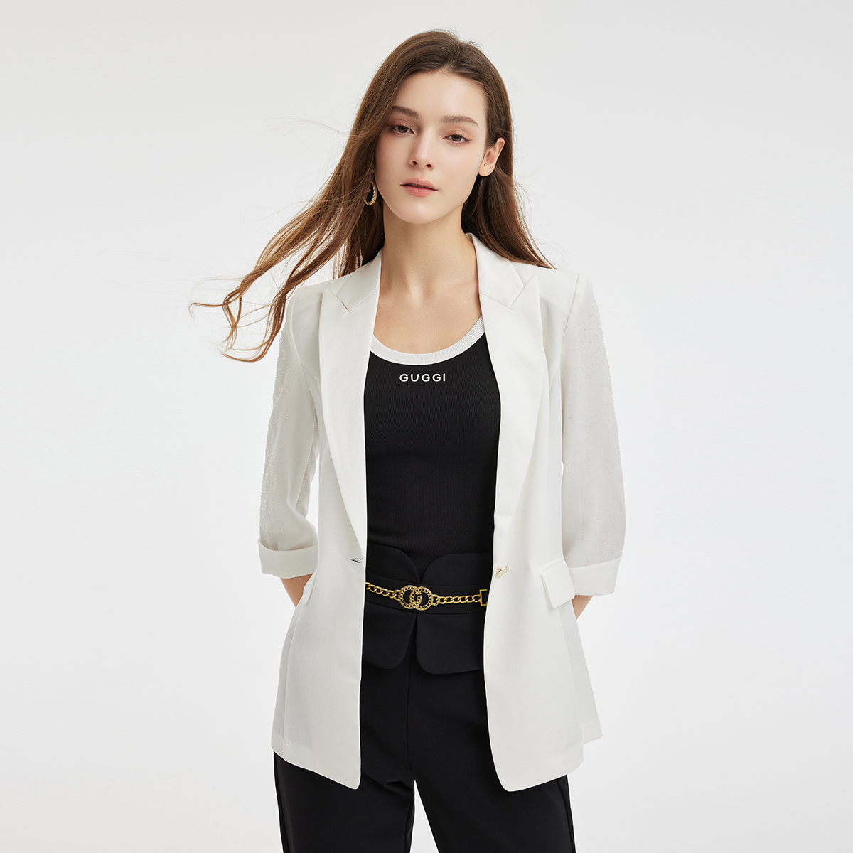 斯尔丽通勤中长镶钻外套