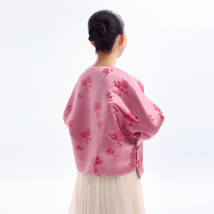 王逆天原创中式 复古桃粉蚕丝提花缎蚕丝棉手工盘扣薄棉袄棉服外套