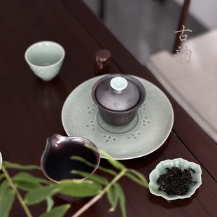 龙泉青瓷国营上垟老厂瓷器文革老货柴烧陶瓷玲珑米通云凤茶盘壶承