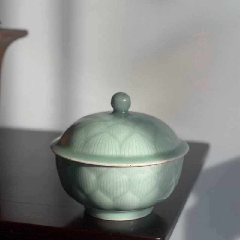 龙泉青瓷茶具国营老瓷器文革龙窑柴烧陶瓷莲瓣盖碗茶叶罐储物罐