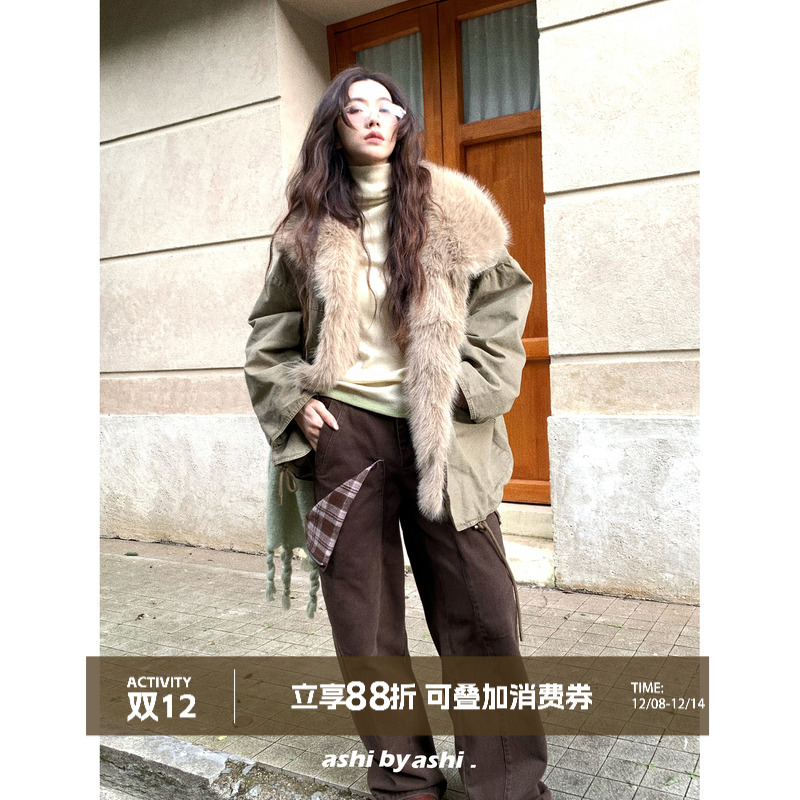 大于诗集 进阶派克 磅巴恩宽松显瘦毛领棉服女加厚水洗牛仔外套冬