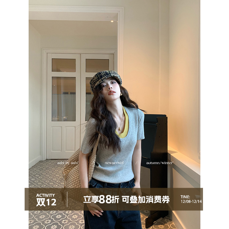 大于诗集 简约公式 早春法式ins风V领针织衫女假两件复古撞色上衣