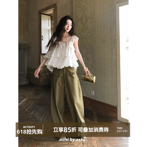【05/21新品】大于诗集 街角日记 荷叶花边休闲裤高腰直筒阔腿裤