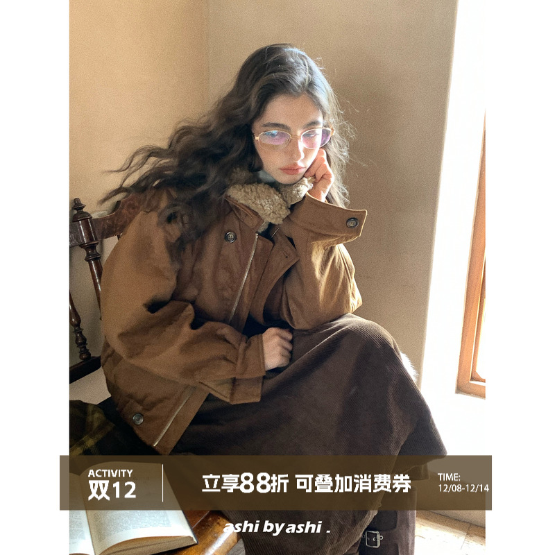 大于诗集 落日大道 翻领工装短款毛领夹克外套女焦糖色麂皮pu棉服