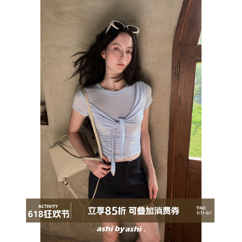 大于诗集 一日闲适  飘带扭结修身显瘦短袖T恤女设计感圆领上衣夏