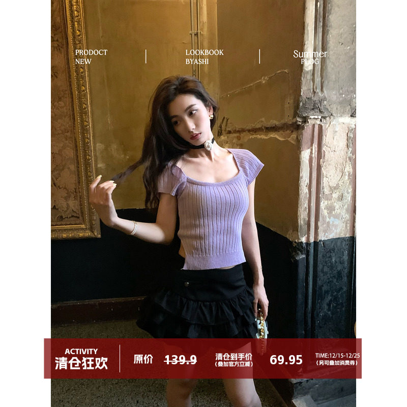 后背镂空绑带U领针织T恤法式短袖