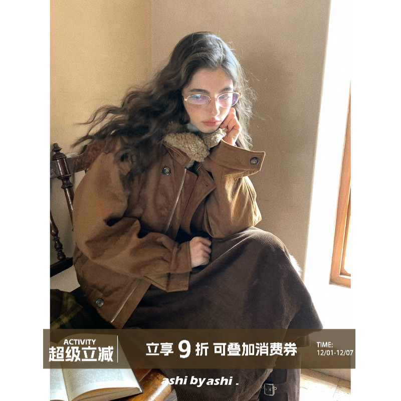 大于诗集 落日大道 翻领工装短款毛领夹克外套女焦糖色麂皮pu棉服