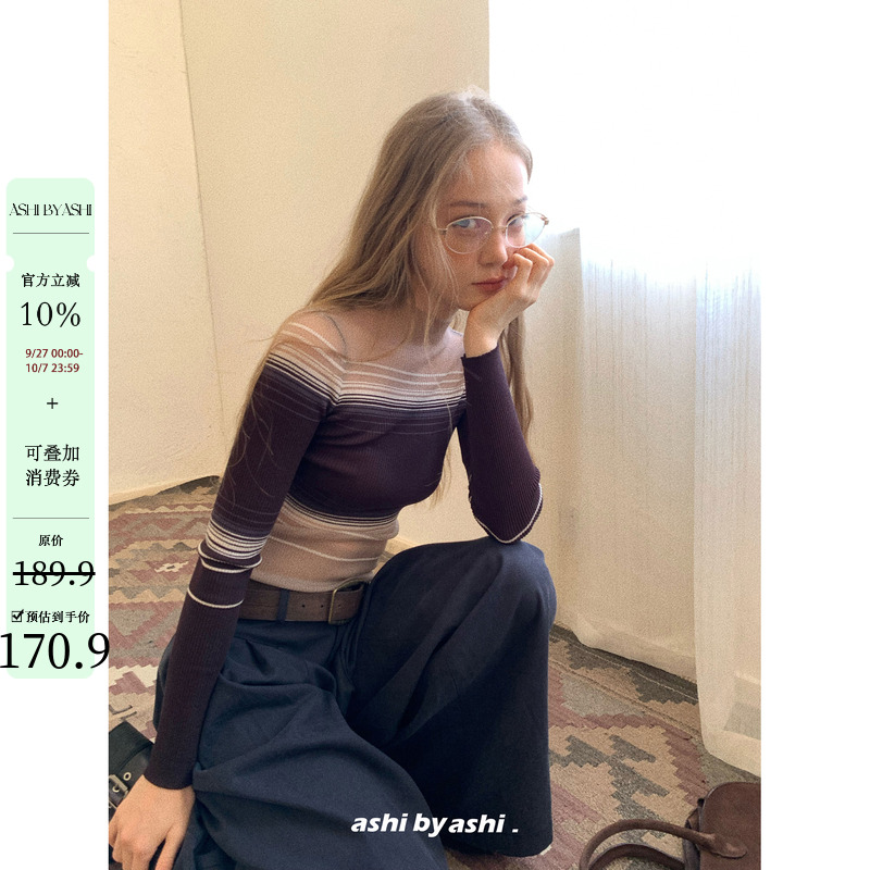 大于诗集 毕加索线条 美拉德半高领复古条纹网纱拼接上衣女针织衫
