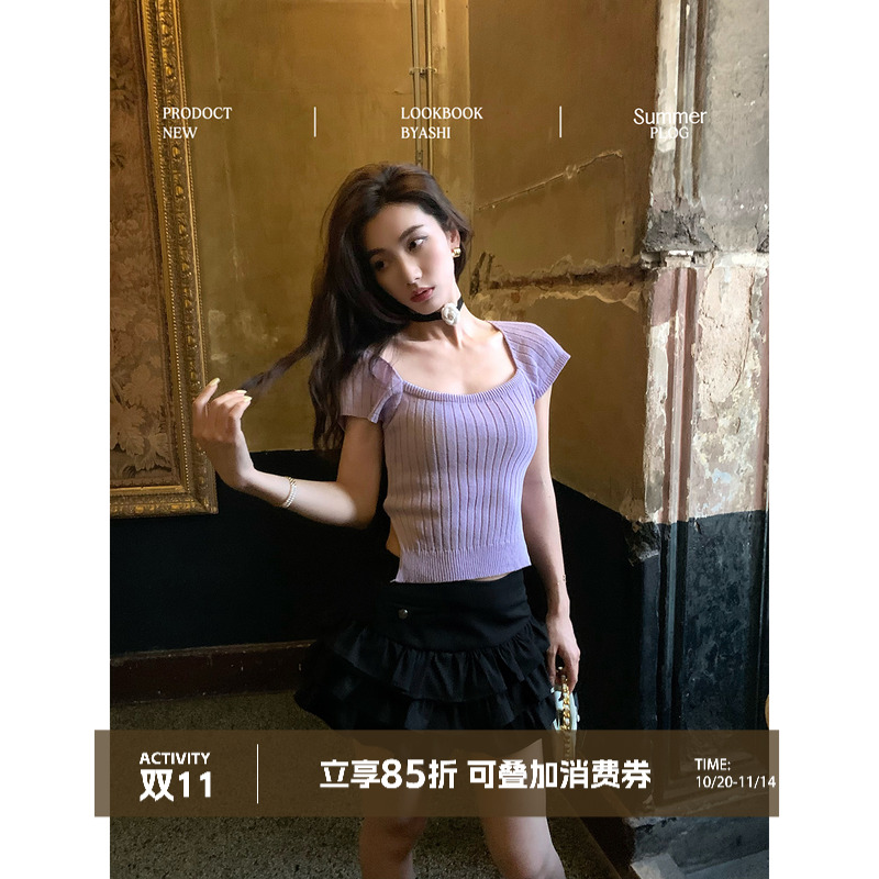 后背镂空绑带U领针织T恤法式短袖