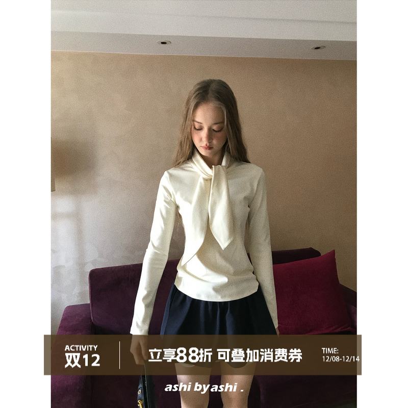 大于诗集 慢调小奏 黑背双色兔耳朵绑带T恤女修身显瘦打底衫上衣