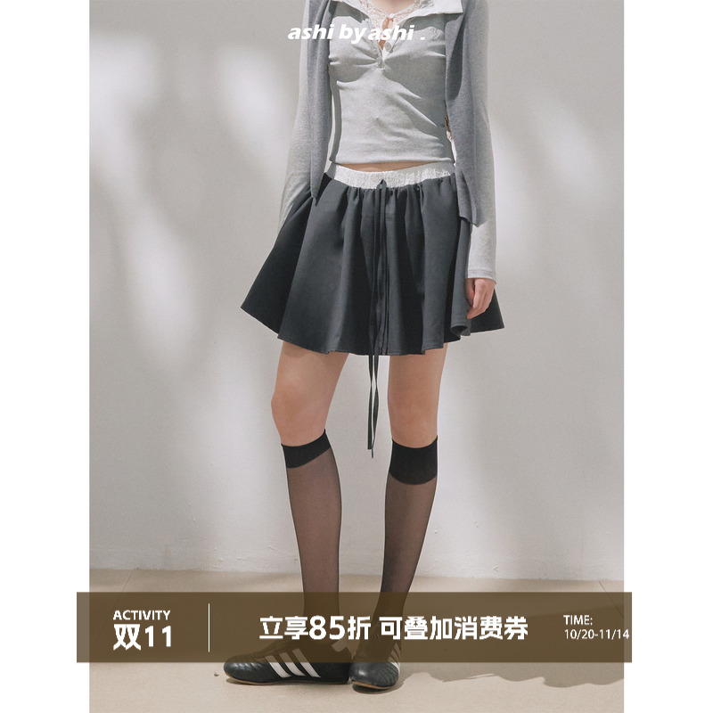 大于诗集 甜心恋人 拼接蕾丝系带高腰花苞裙女松紧腰百褶A字短裙