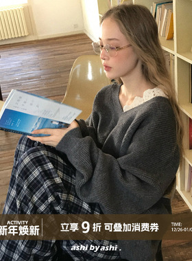 大于诗集chill chill蕾丝拼接纯色V领毛衣女宽松软糯减龄套头上衣
