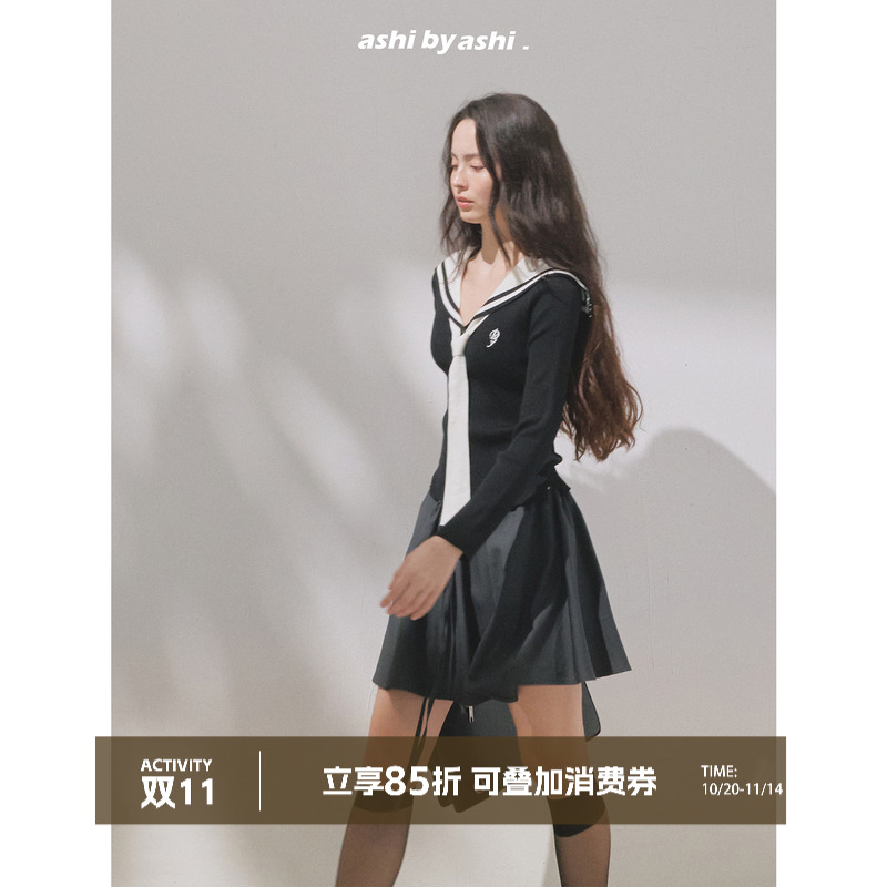 大于诗集 夜航曲 美式复古撞色海军领刺绣针织衫女显瘦长袖上衣秋