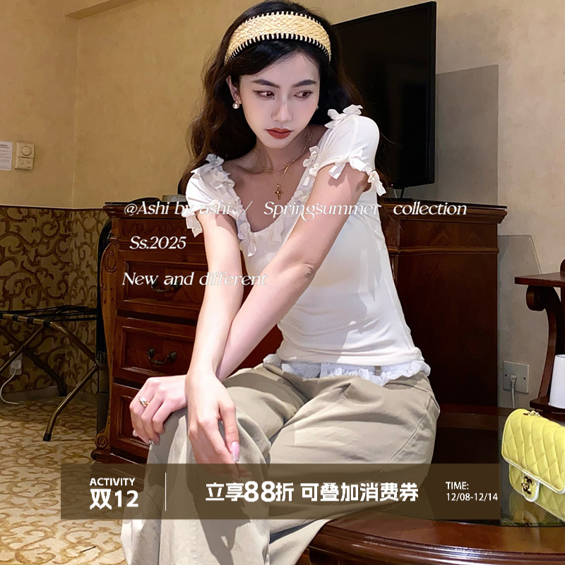 大于诗集 西西里午后 蝴蝶结斜领收腰T恤女设计感修身显瘦上衣夏