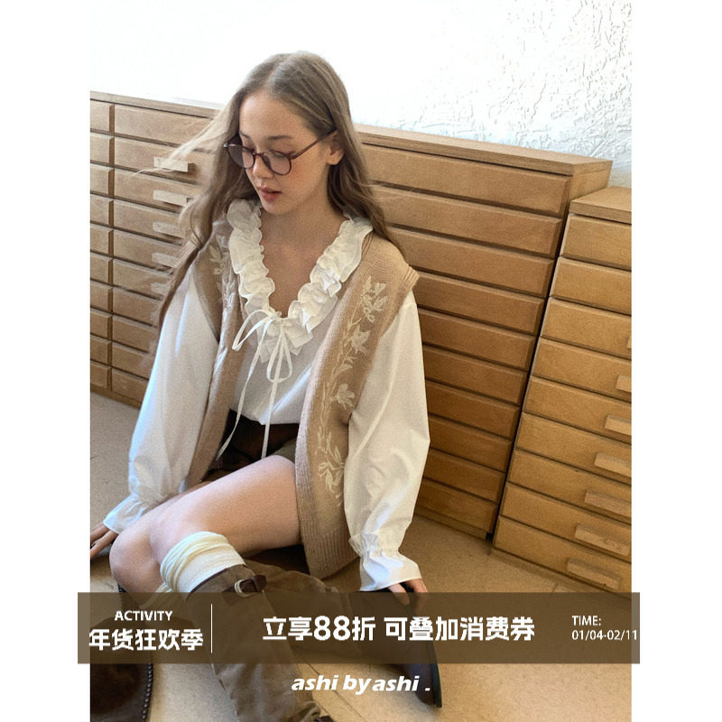 大于诗集 本期bi入ashi私服法式木耳边蝴蝶结系带V领衬衫格子衬衣