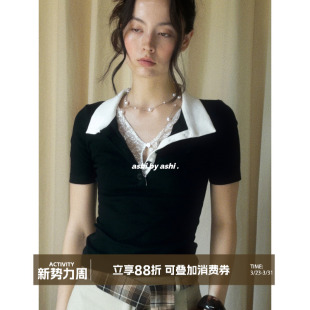 大于诗集 上衣 智性松弛感假两件刺绣POLO领T恤女拼接蕾丝纯欲短袖