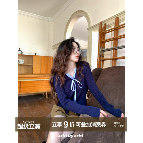 大于诗集 茉莉花道 学院风V领木耳边蝴蝶结系带毛衣女针织开衫秋