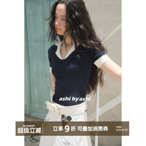 大于诗集 糖渍巧克力 假两件针织撞色美式复古T恤女辣妹POLO衫夏